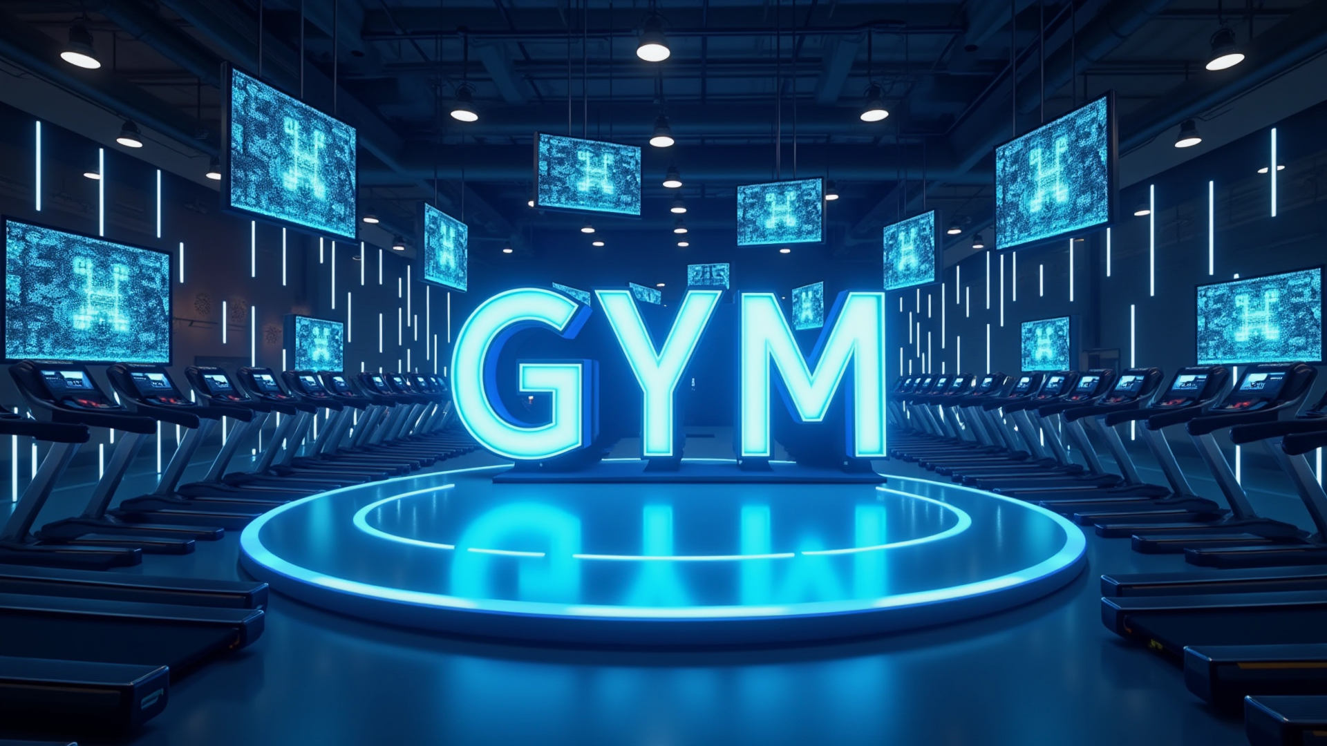 Idealización de una sala de cardio con multitud de pantallas de todo tipo en un gimnasio asociado a WellNets